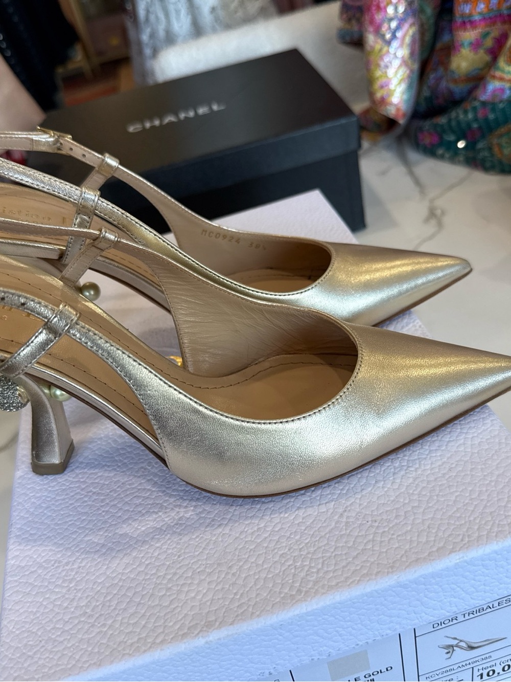 Dior Metallic Gold Pointed Slingback Heels with Crystal Heel Accent - Picture 3 of 12